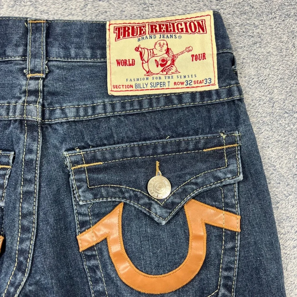 True Religion Mens 32(31)x29 Dark Billy Super T Straight Leg Leather Horseshoe